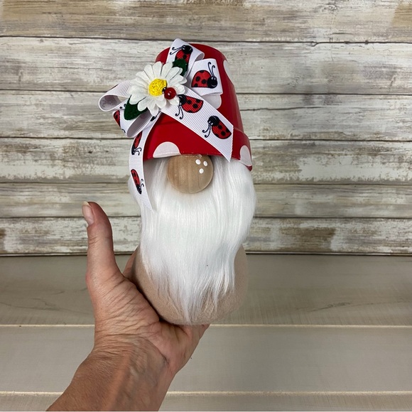 Mushroom Gnome Ladybug Bow Daisy Whimsical Red Tan Flannel White Faux Fur Decor - Picture 7 of 11